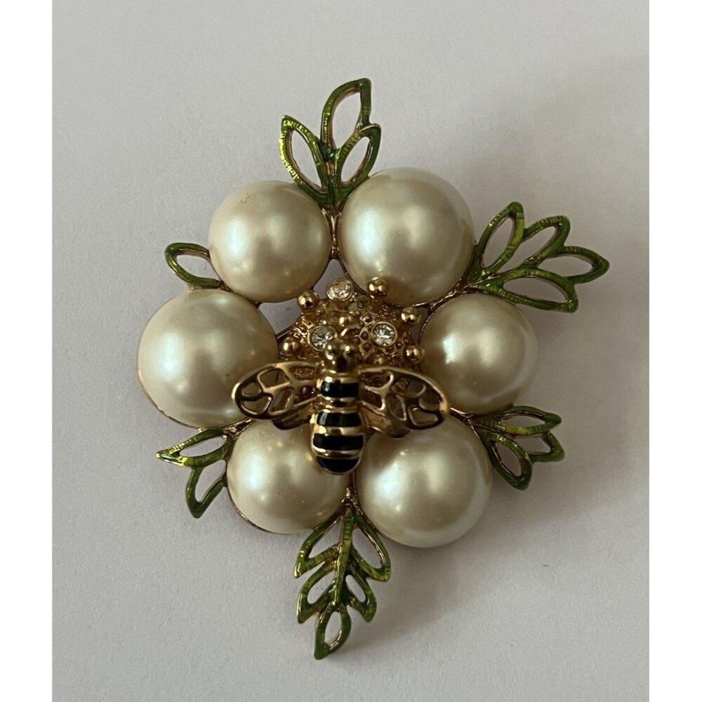 Monet Bee Brooch Faux Pearl Green Enamel Flower Gold Tone Pin